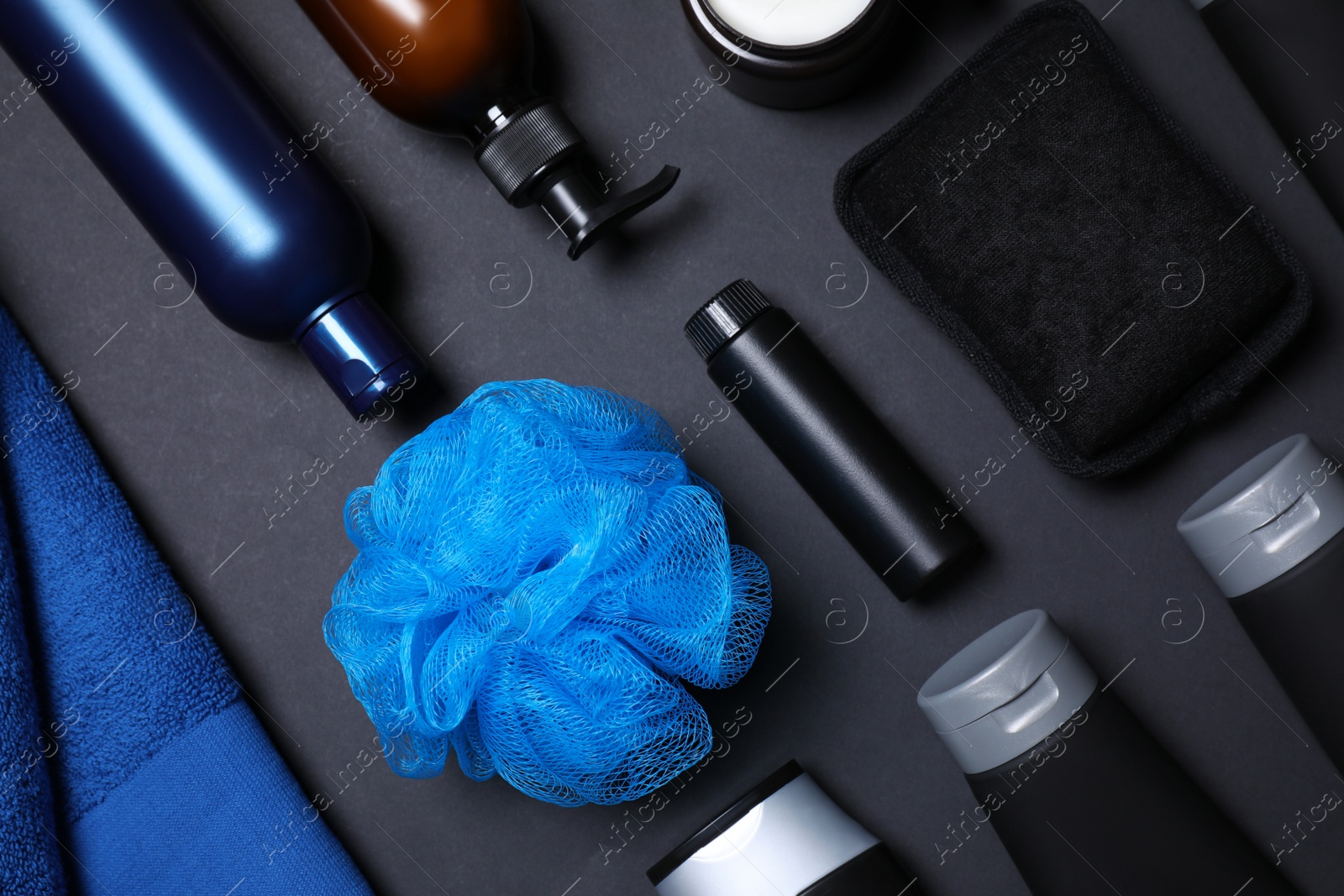 Photo of Set with men bath cosmetics on black background, flat lay