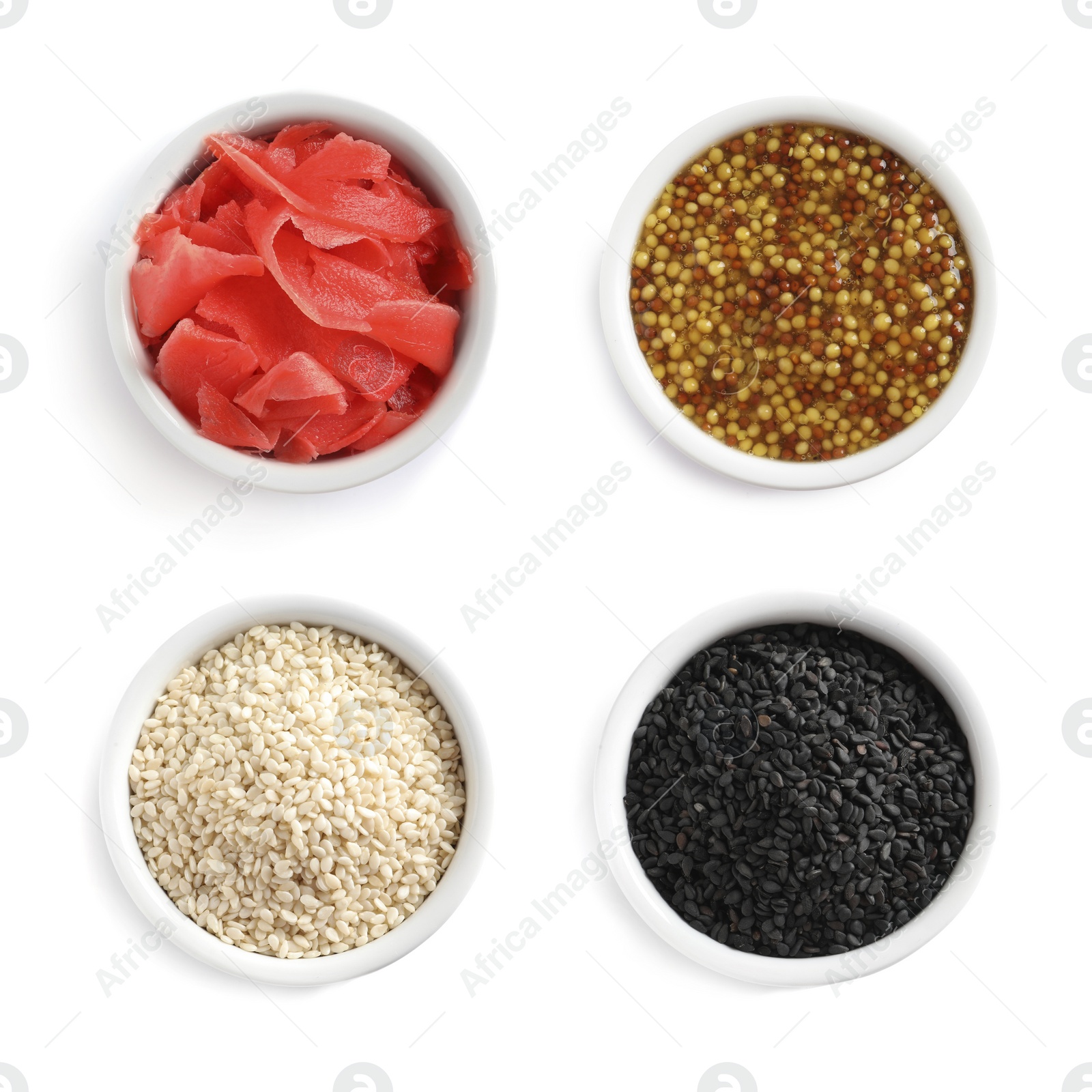 Image of Set of different delicious sauce and condiments on white background, top view