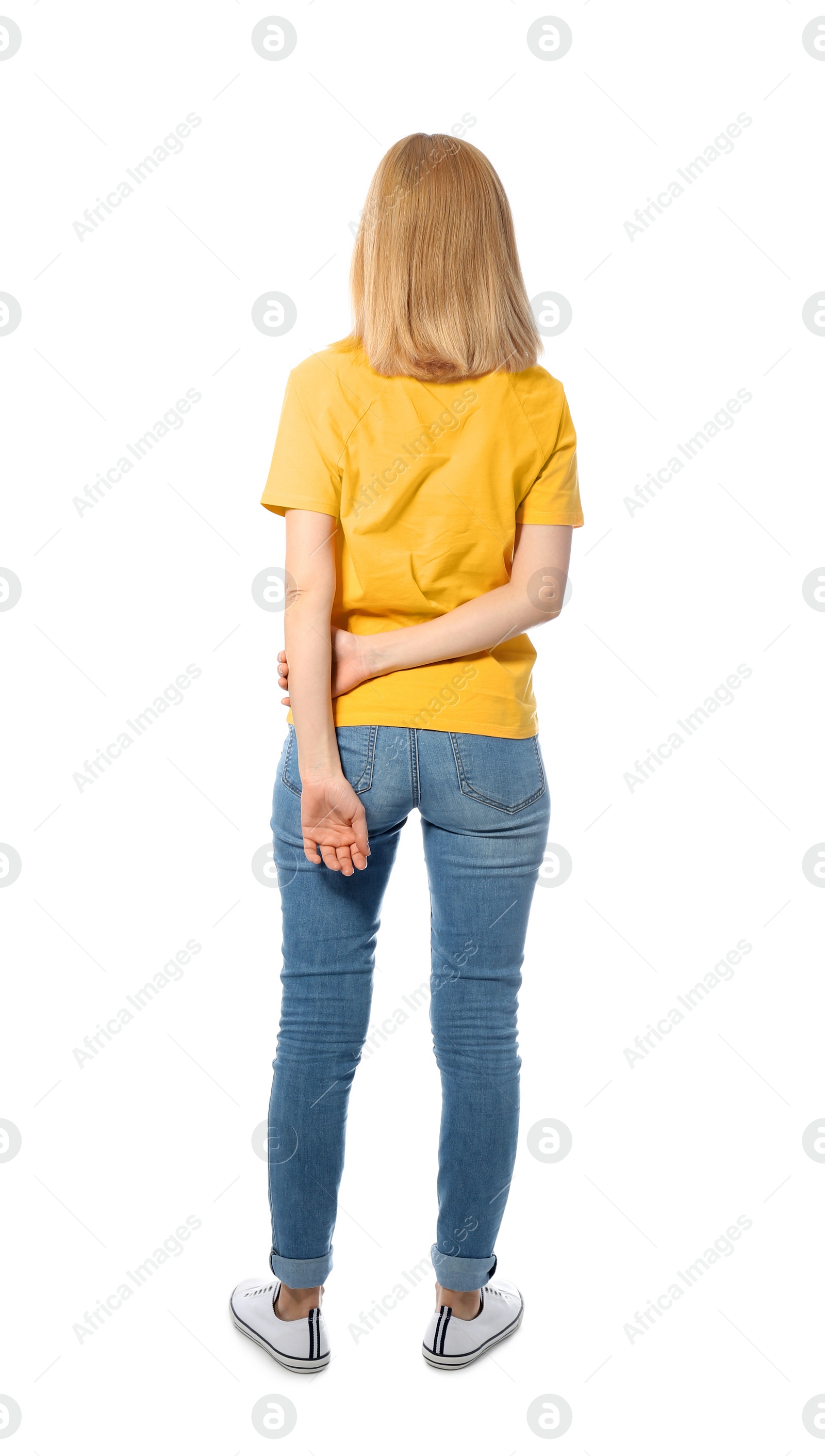 Photo of Woman in casual clothes posing on white background