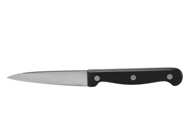 Photo of Stainless steel paring knife with plastic handle isolated on white