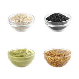 Set of different delicious sauces and condiments on white background