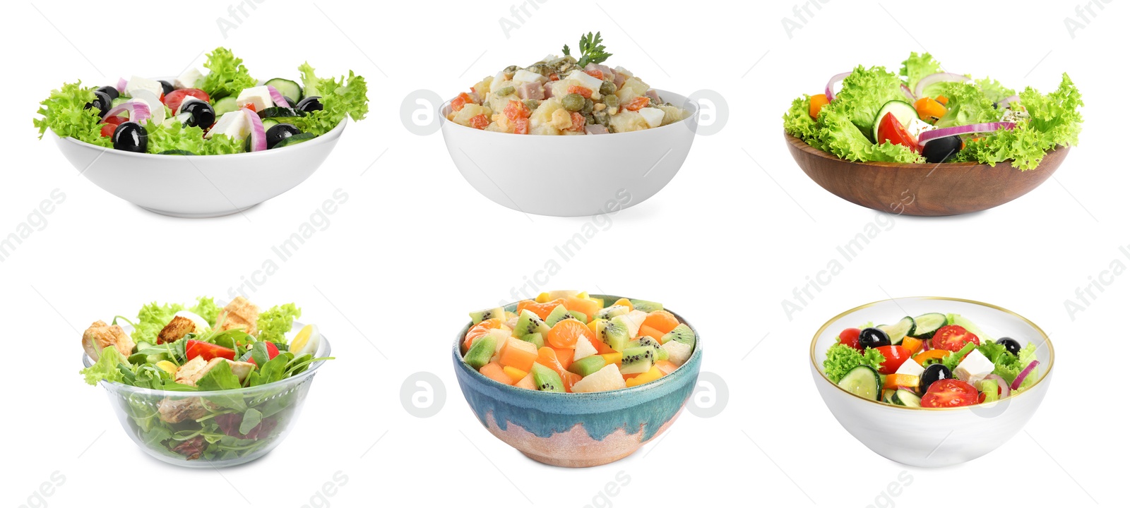 Image of Set with different salads on white background. Banner design