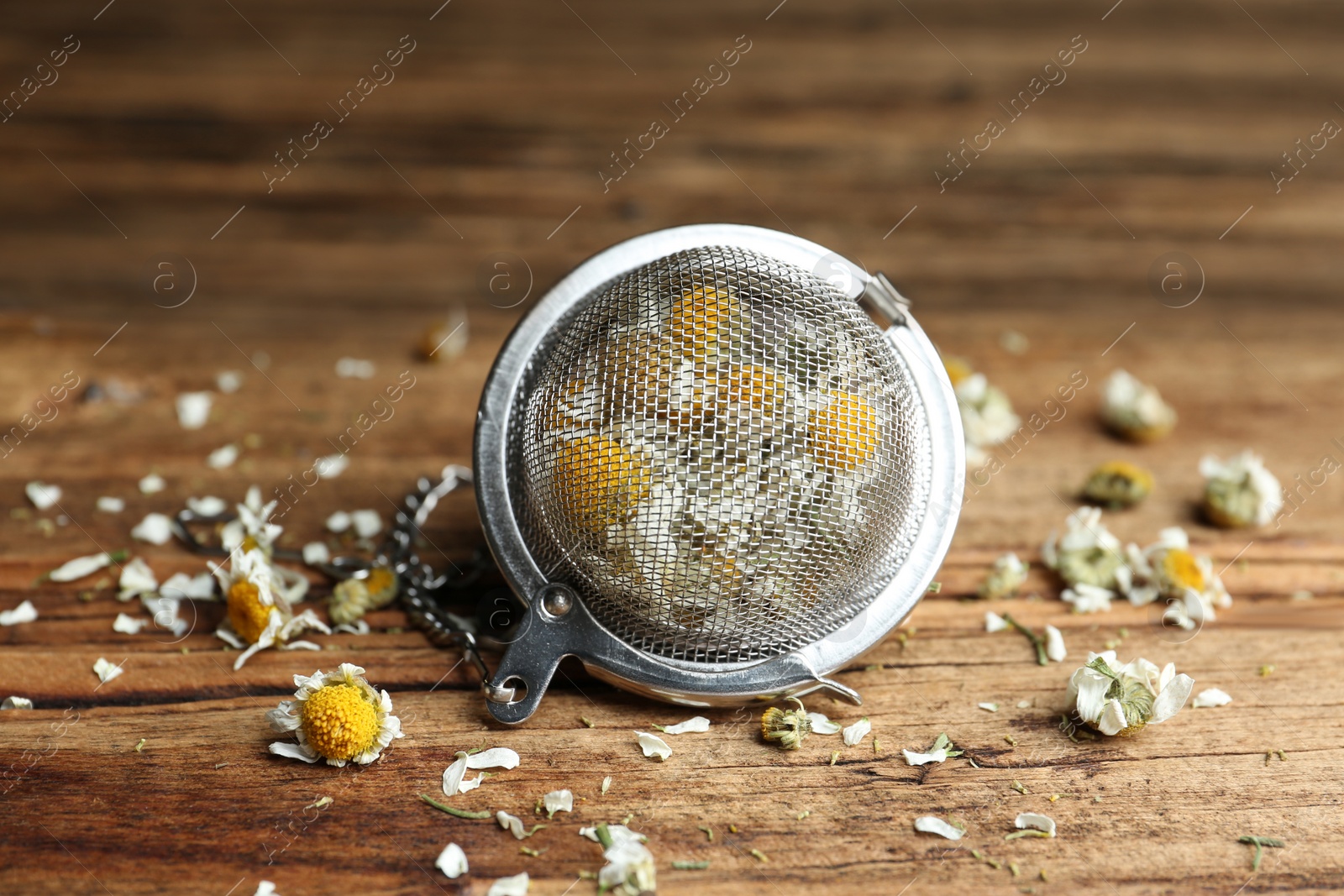 Photo of Dry chamomile flowers in infuser on wooden table, closeup