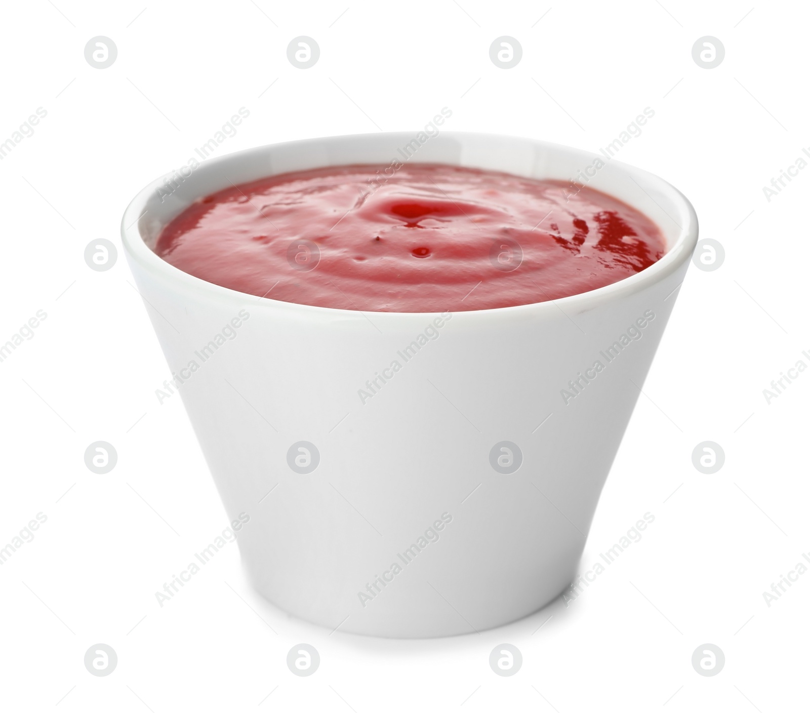 Photo of Bowl of spicy chili sauce on white background