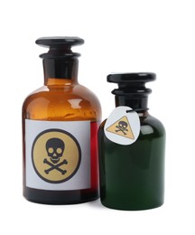 Photo of Apothecary bottles with poison on white background