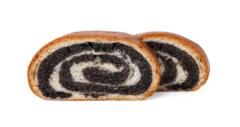 Slices of poppy seed roll isolated on white. Tasty cake