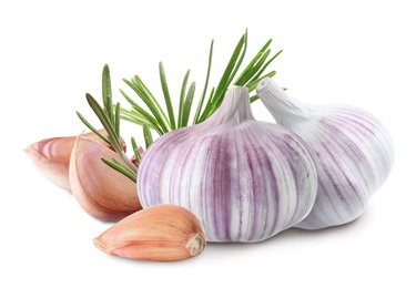 Image of Fresh garlic with rosemary on white background