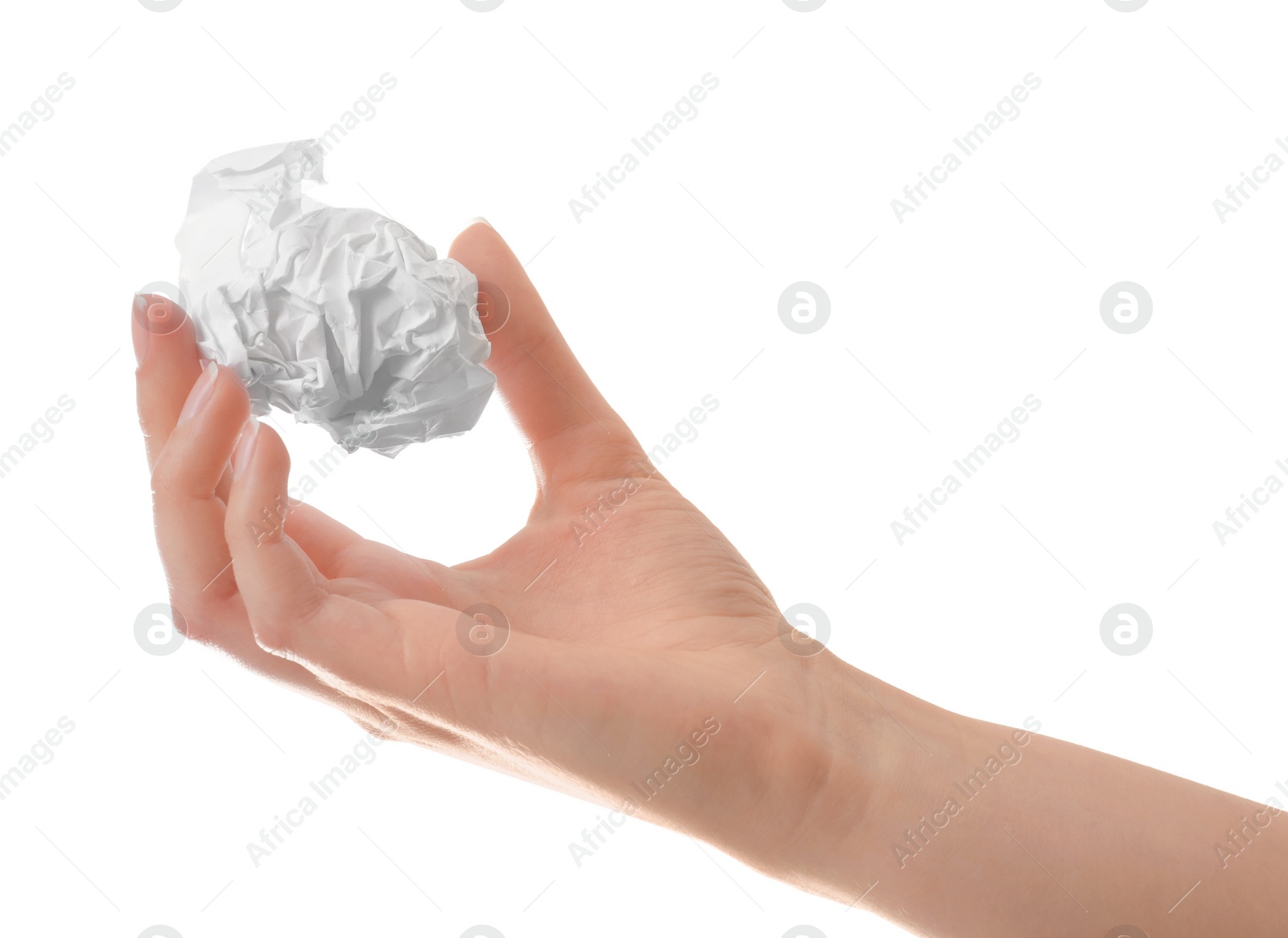 Photo of Woman crumpling paper against white background, closeup. Generating idea