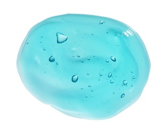 Photo of Sample of turquoise facial gel on white background, top view