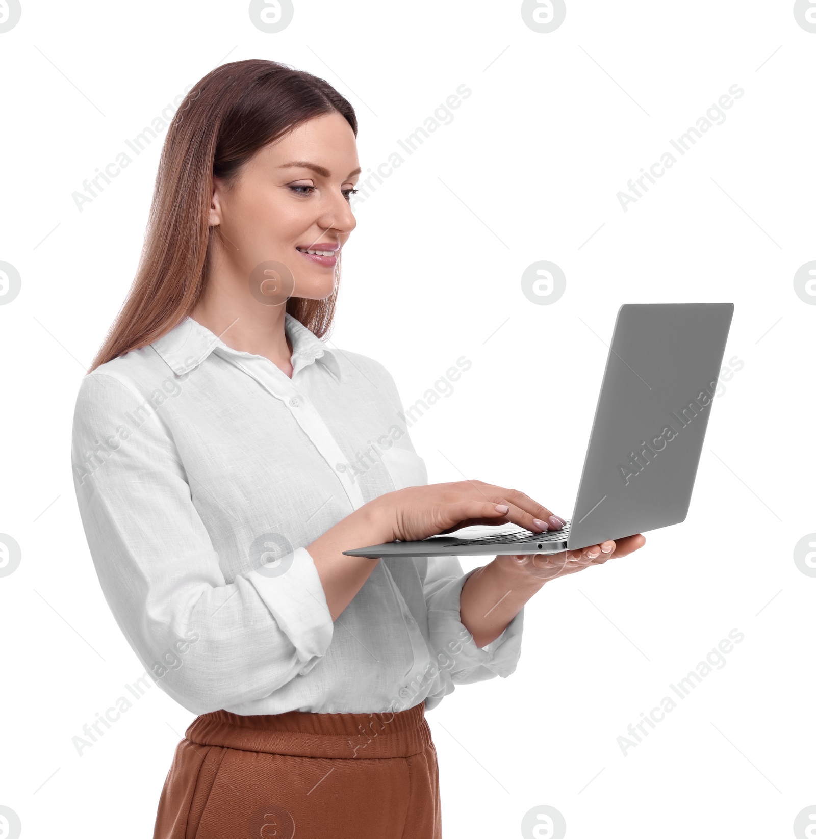 Photo of Beautiful businesswoman with laptop on white background