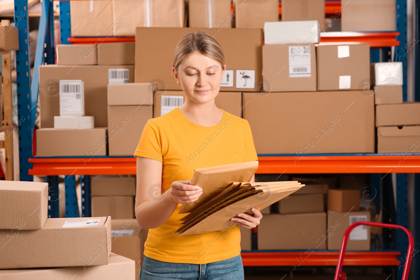 Photo of Post office worker with adhesive paper bags near rack indoors