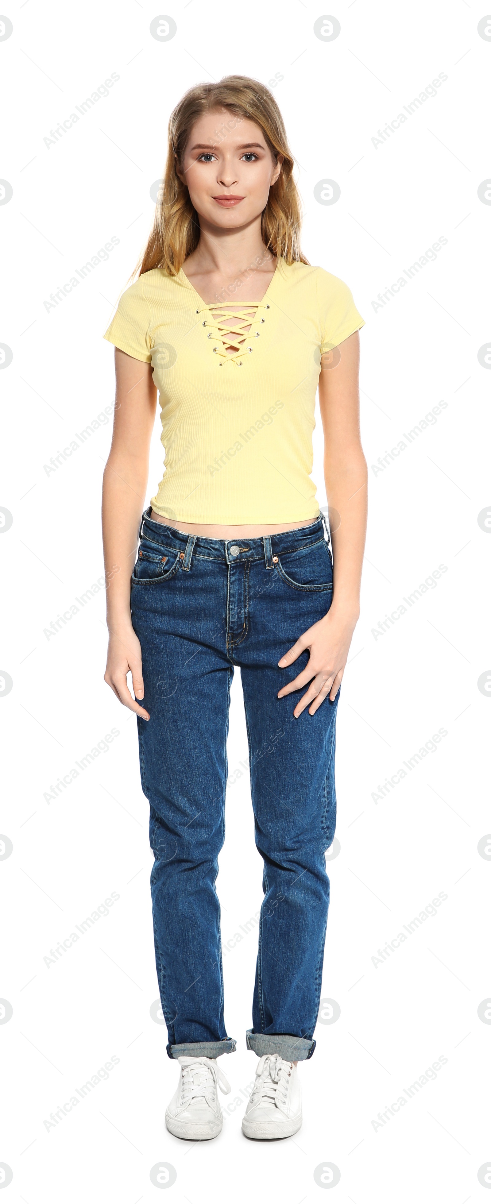 Photo of Portrait of beautiful young woman on white background