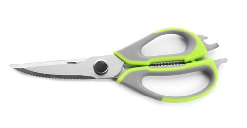 Photo of Pair of sharp scissors on white background