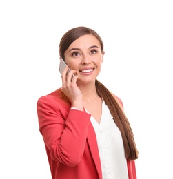 Young woman talking on phone against white background