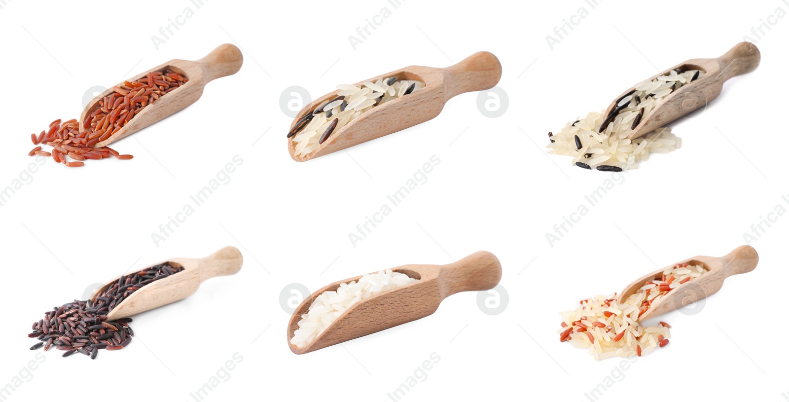 Image of Set with different types of rice on white background. Banner design