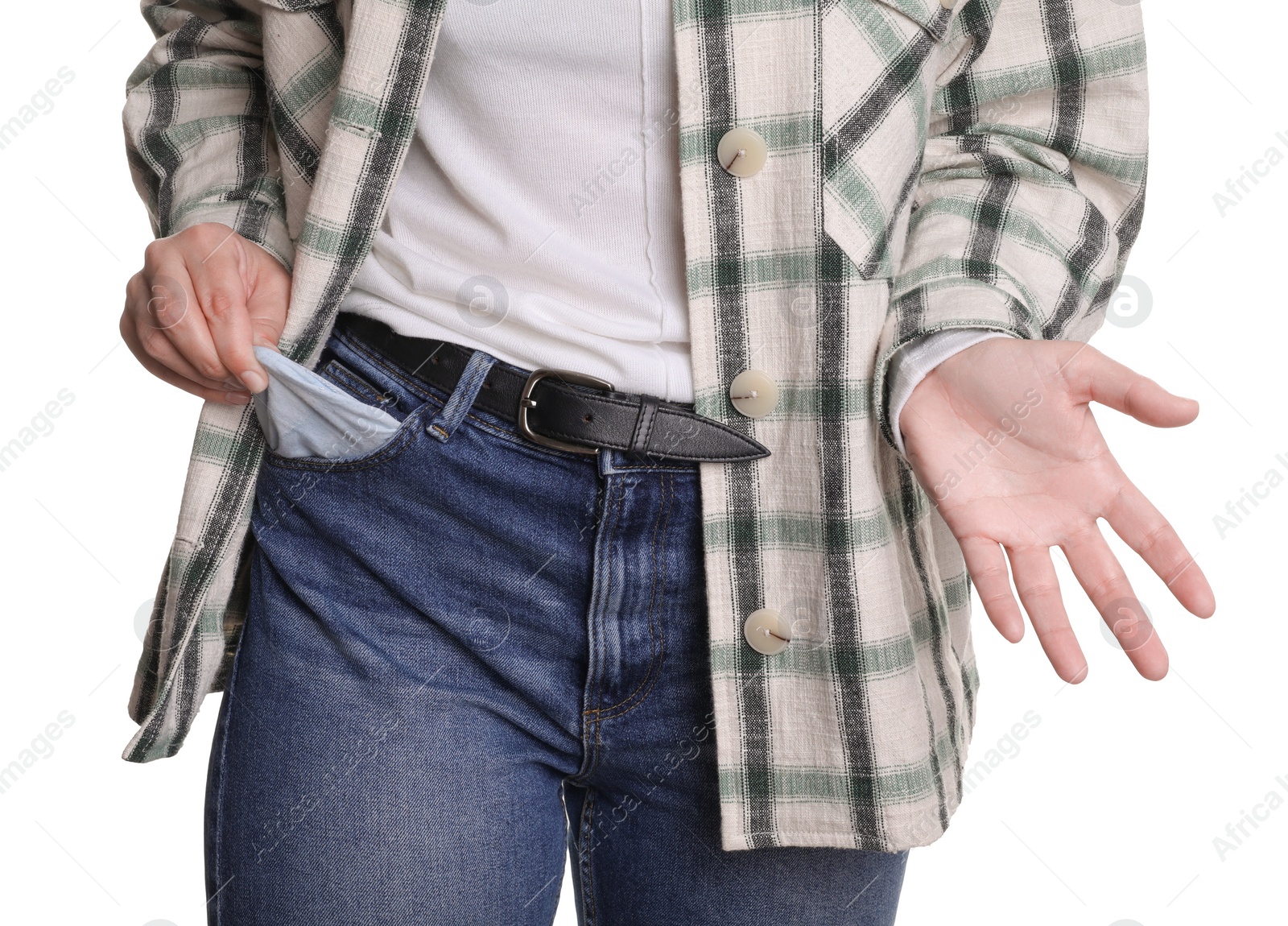 Photo of Poor woman showing empty pocket on white background, closeup