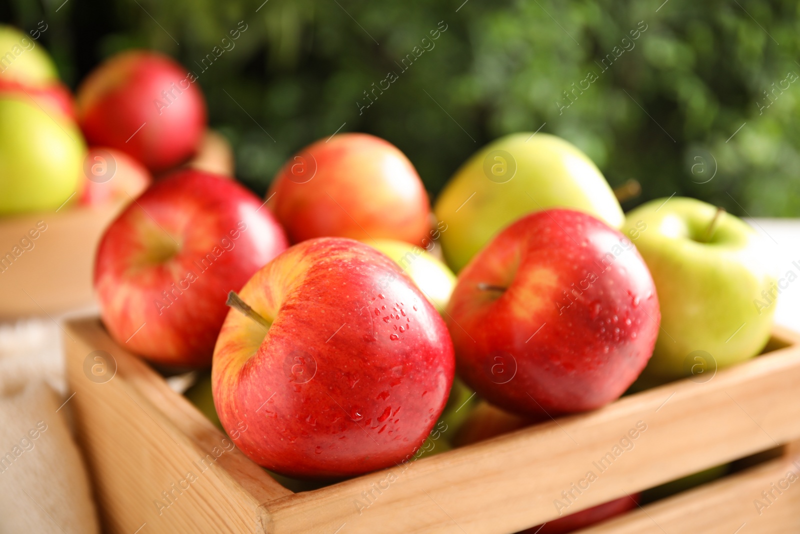 Photo of Fresh ripe apples in wooden crate on blurred background, closeup