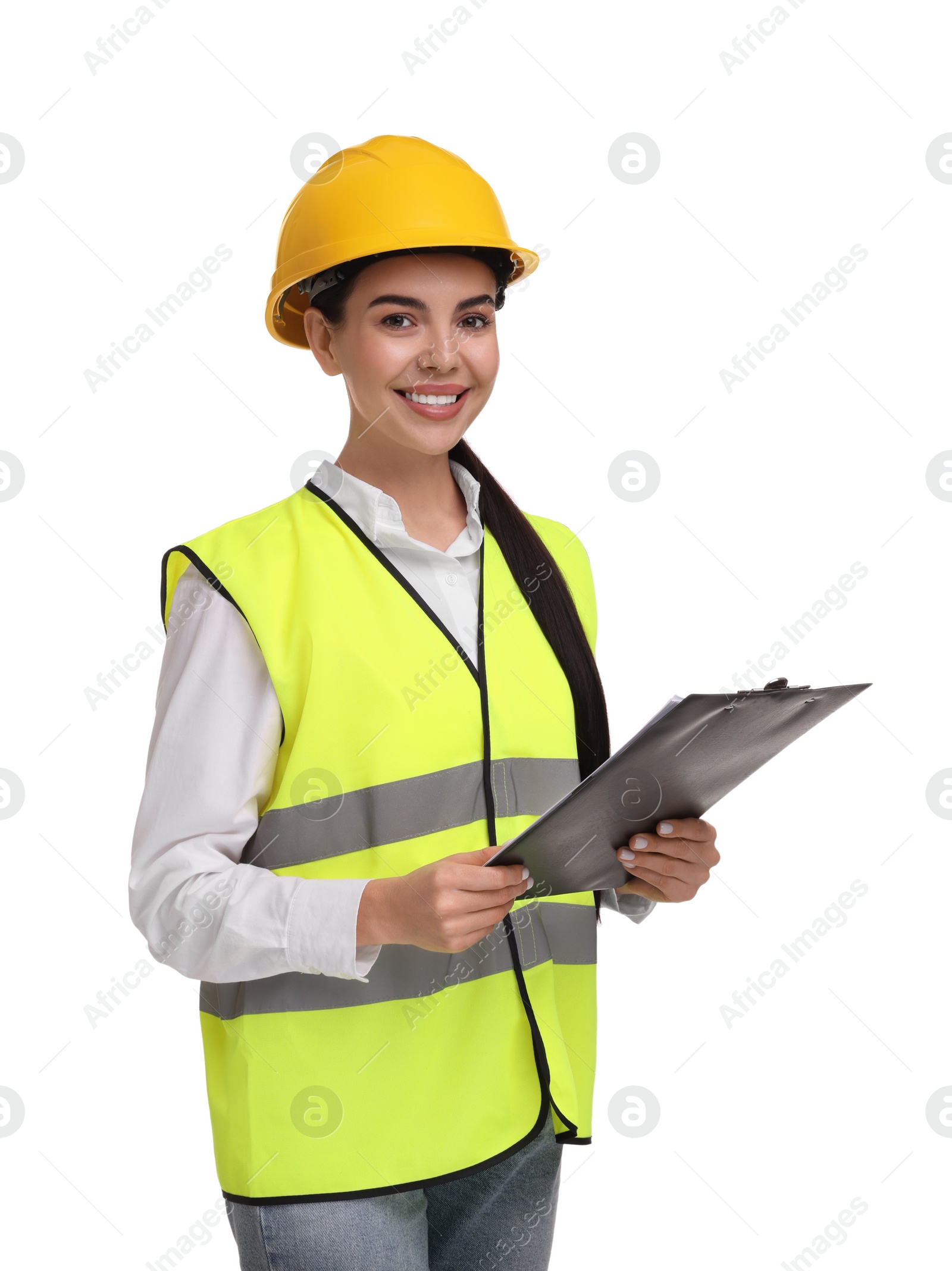 Photo of Engineer in hard hat holding clipboard on white background