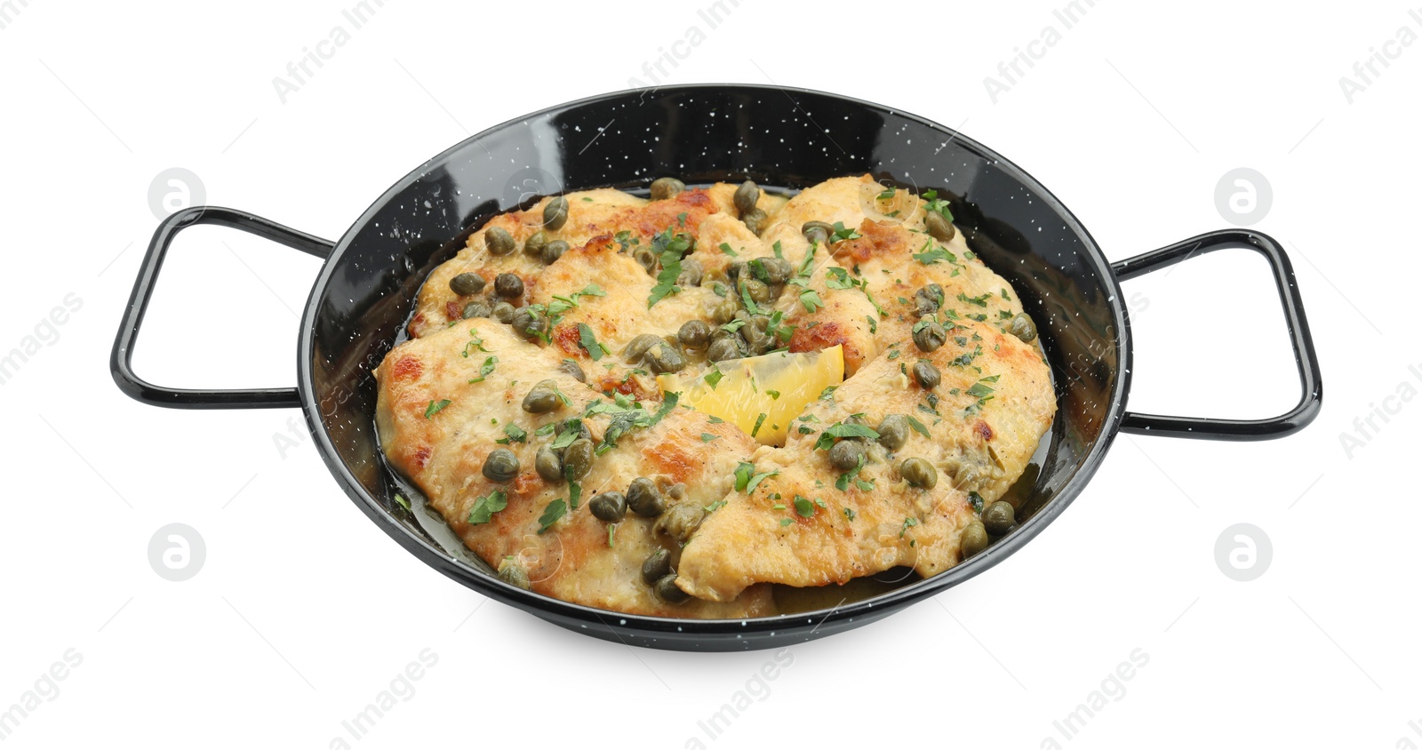 Photo of Delicious chicken piccata with herbs isolated on white