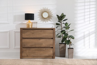 Wooden chest of drawers with lamp, houseplants and mirror on white wall in room. Interior design