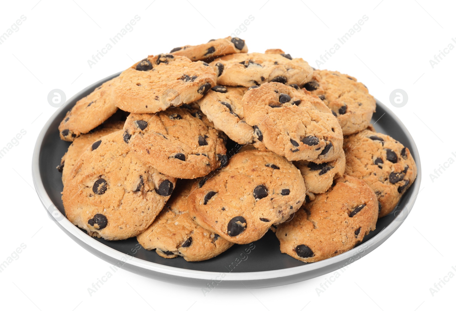 Photo of Plate of delicious chocolate chip cookies isolated on white