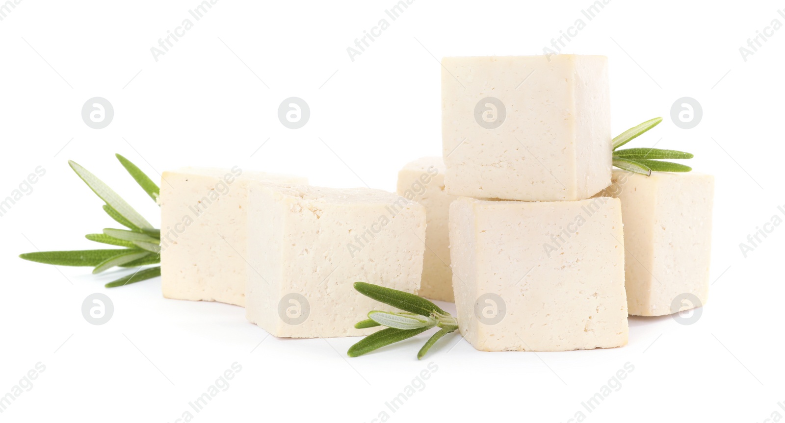 Photo of Delicious tofu and rosemary on white background