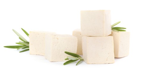 Photo of Delicious tofu and rosemary on white background