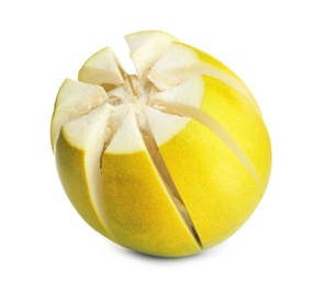 Photo of Fresh exotic pomelo with cut peel isolated on white