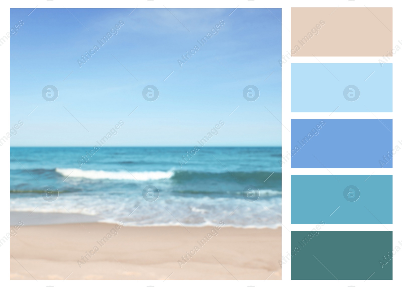 Image of Color palette appropriate to photo of beautiful sea and sandy beach on sunny day, blurred view