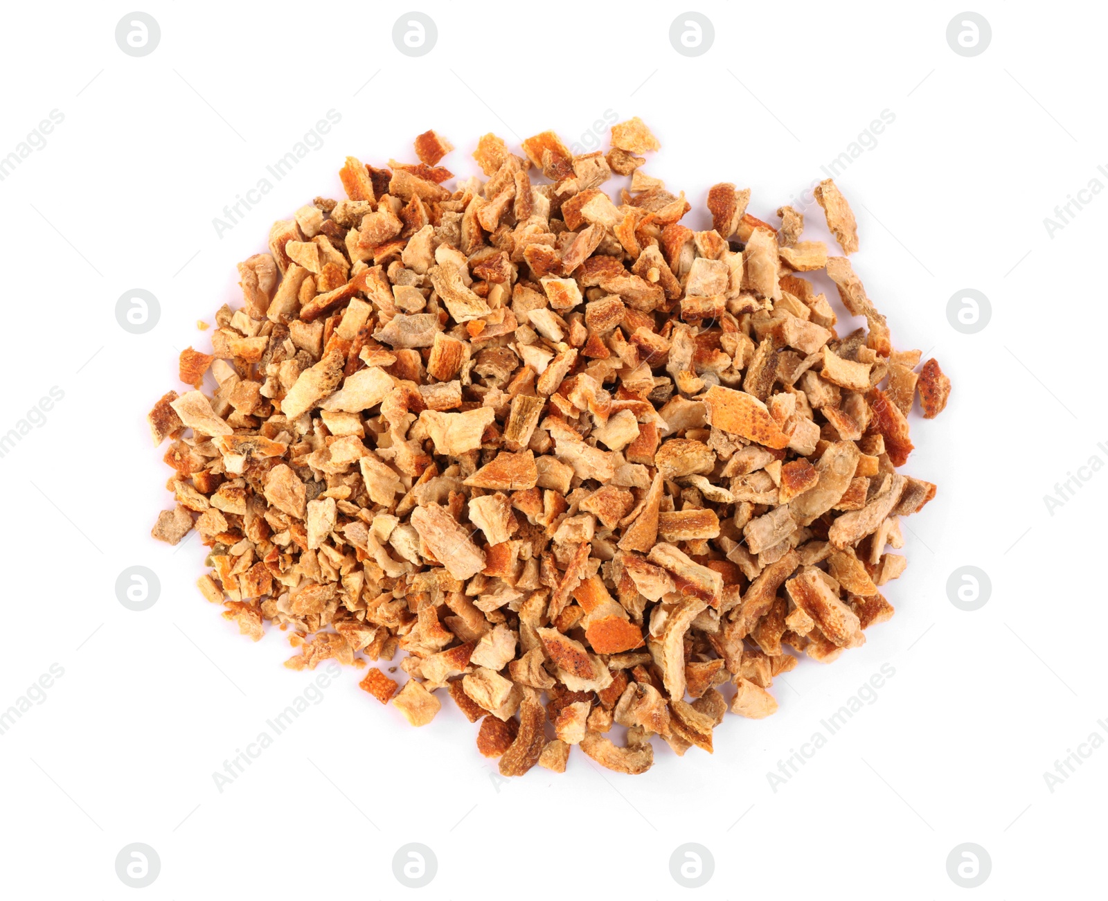 Photo of Pile of dried orange zest seasoning isolated on white, top view