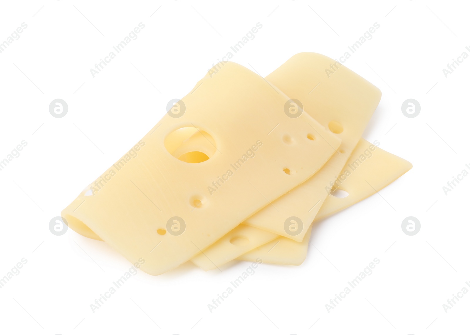 Photo of Slices of tasty fresh cheese isolated on white