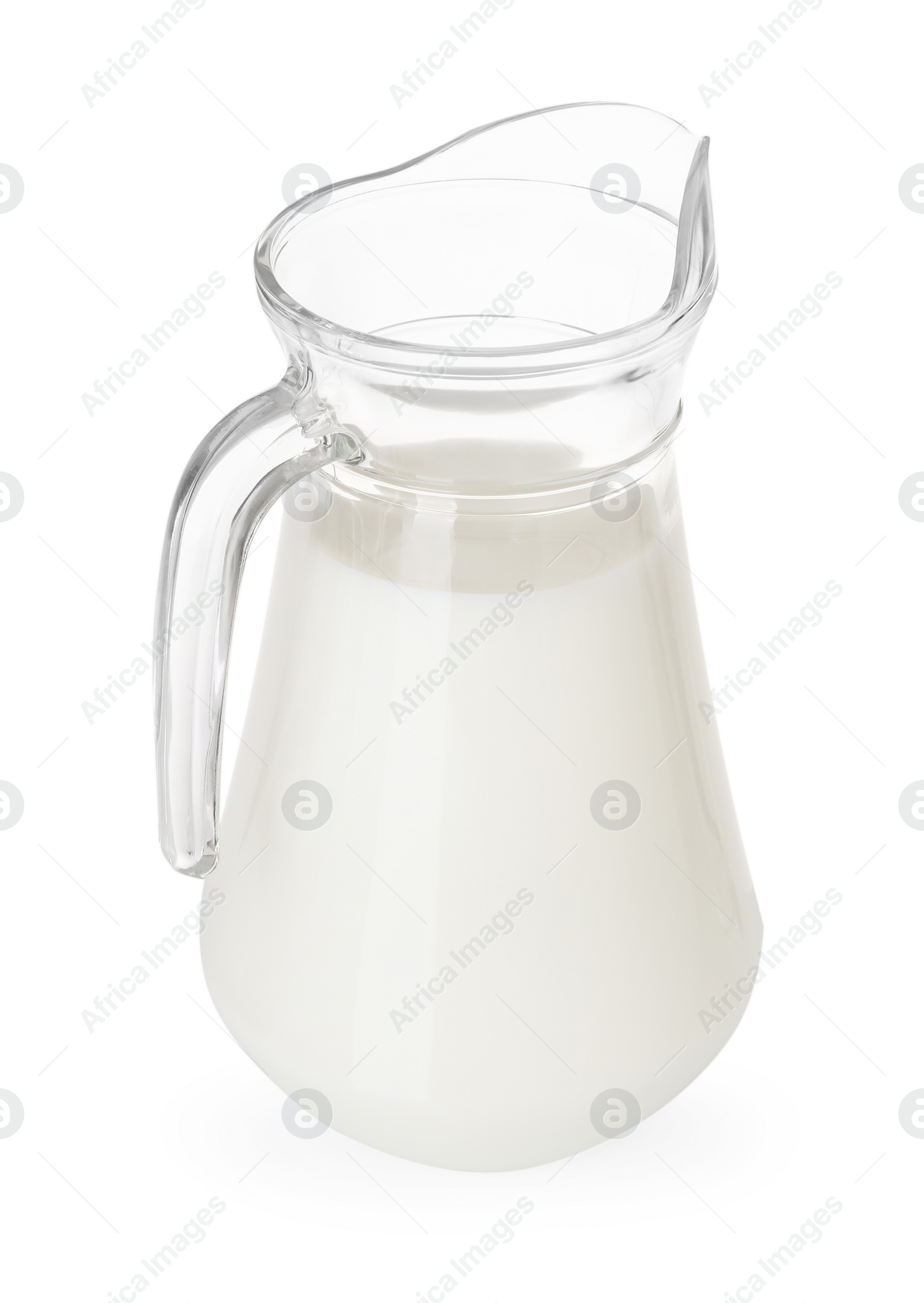 Photo of Glass jug of fresh milk isolated on white