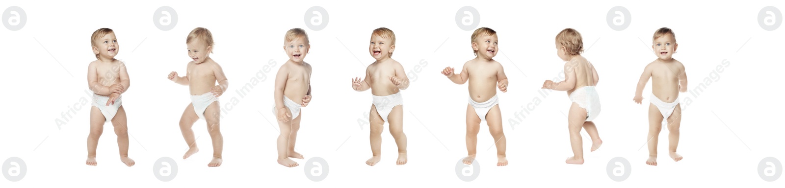 Image of Collage with photos of cute baby learning to walk on white background. Banner design