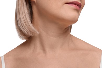 Woman with healthy skin on white background, closeup