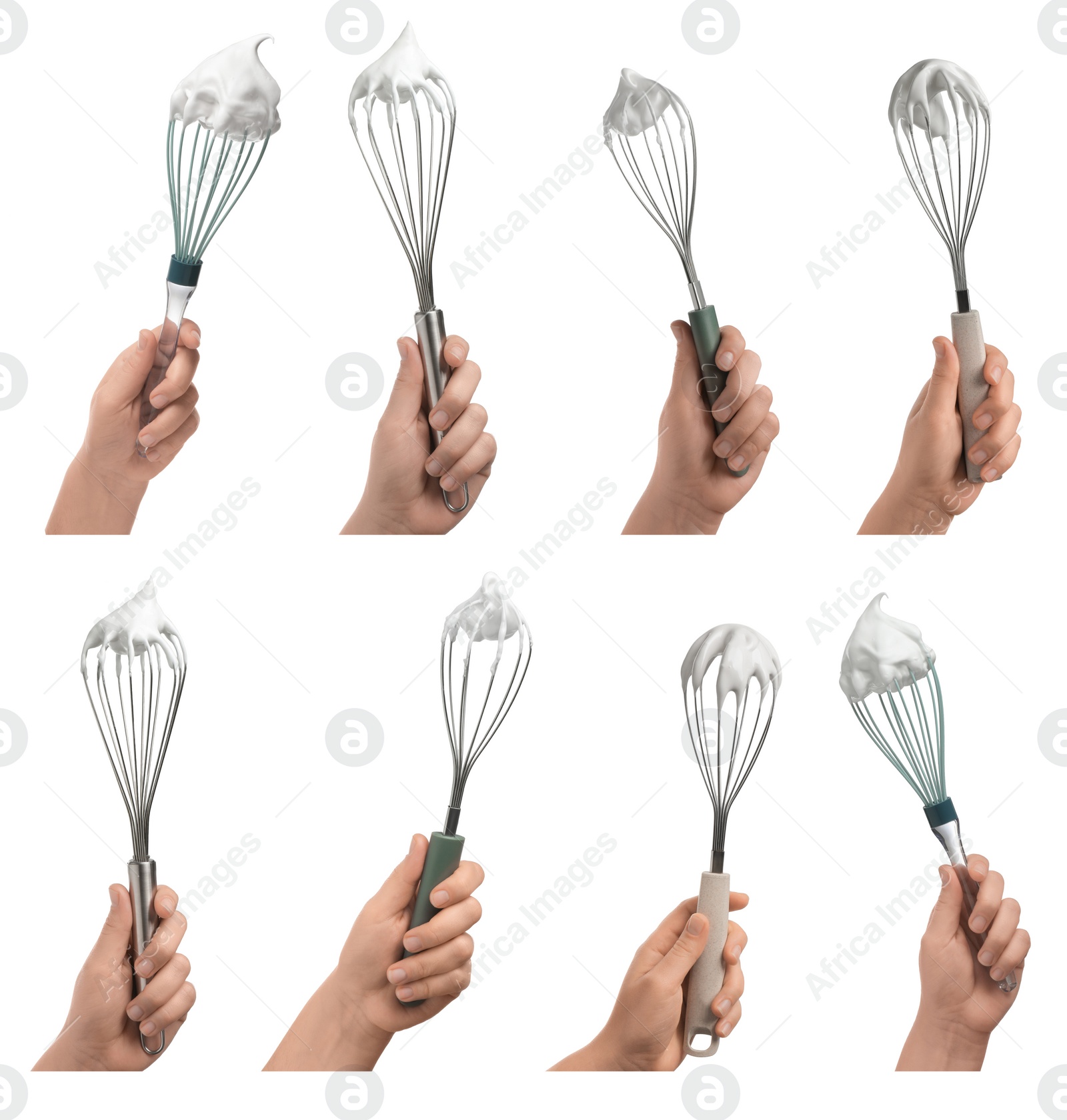 Image of People holding whisks with cream on white background, closeup. Collection of photos