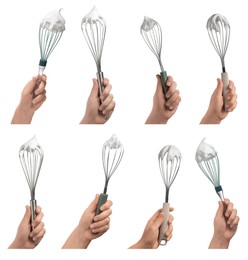 People holding whisks with cream on white background, closeup. Collection of photos