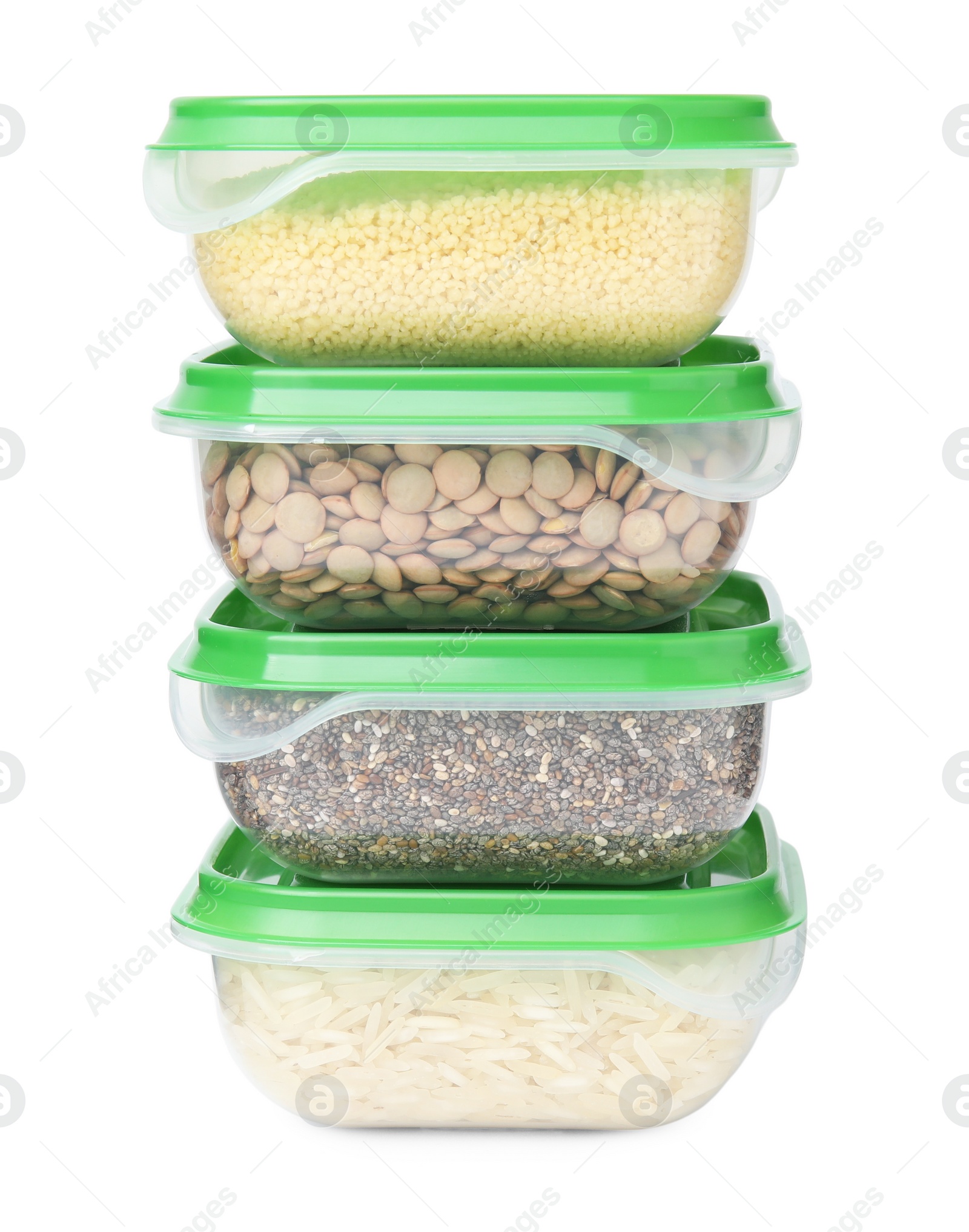 Photo of Plastic containers filled with food products isolated on white