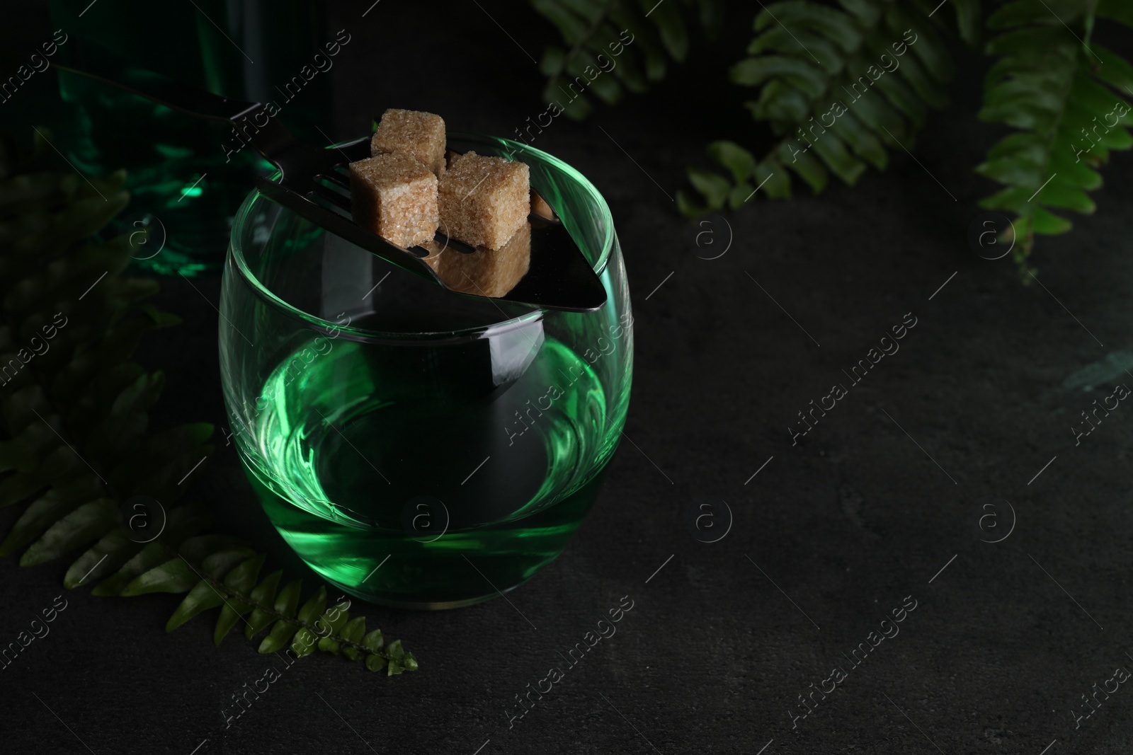 Photo of Absinthe in glass, spoon, brown sugar cubes and fern leaves on gray textured table, closeup with space for text. Alcoholic drink