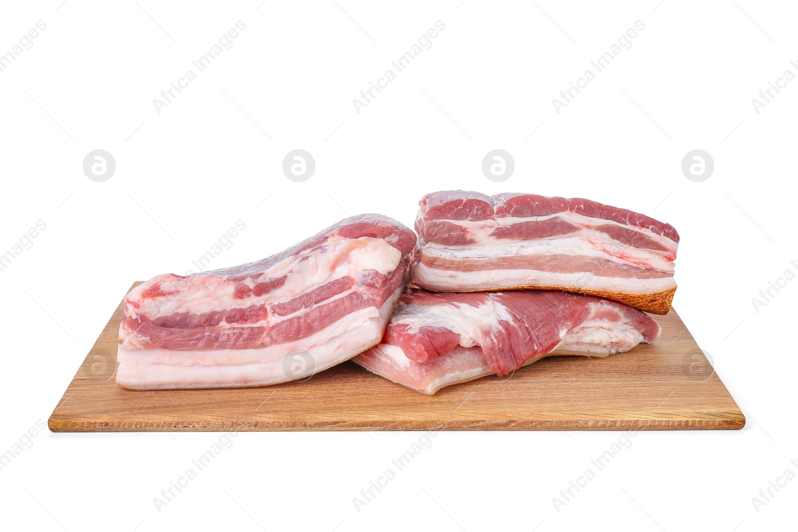 Photo of Pieces of raw pork belly isolated on white