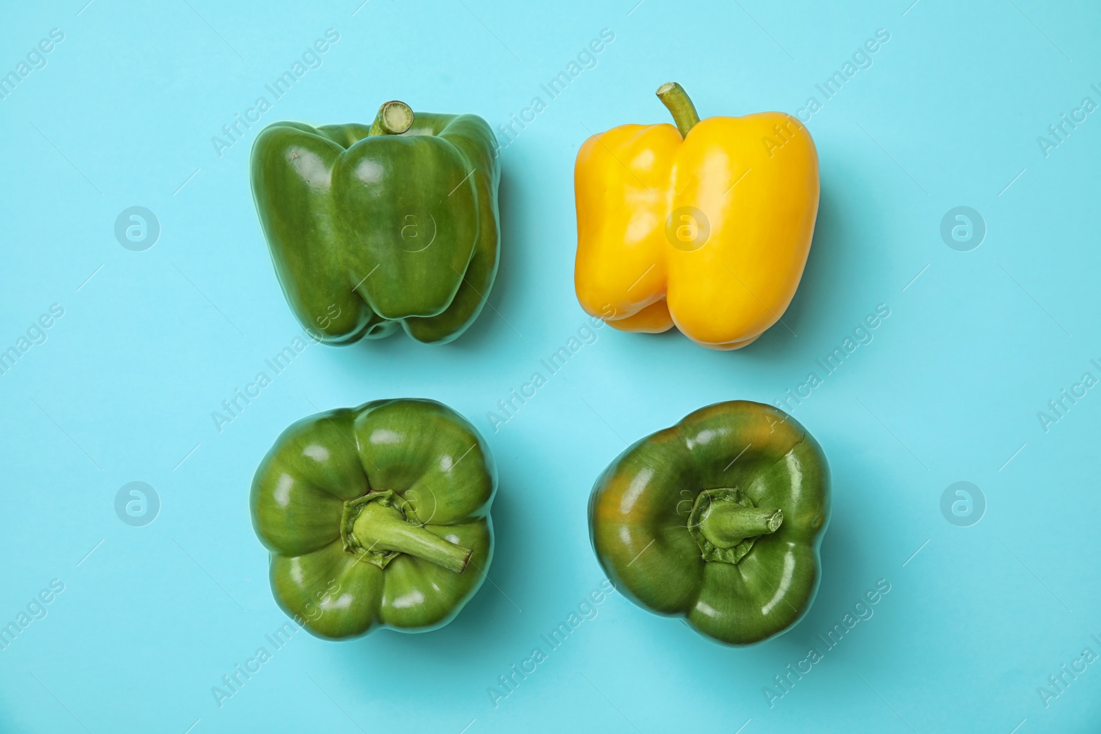 Photo of Flat lay composition with raw ripe paprika peppers on color background