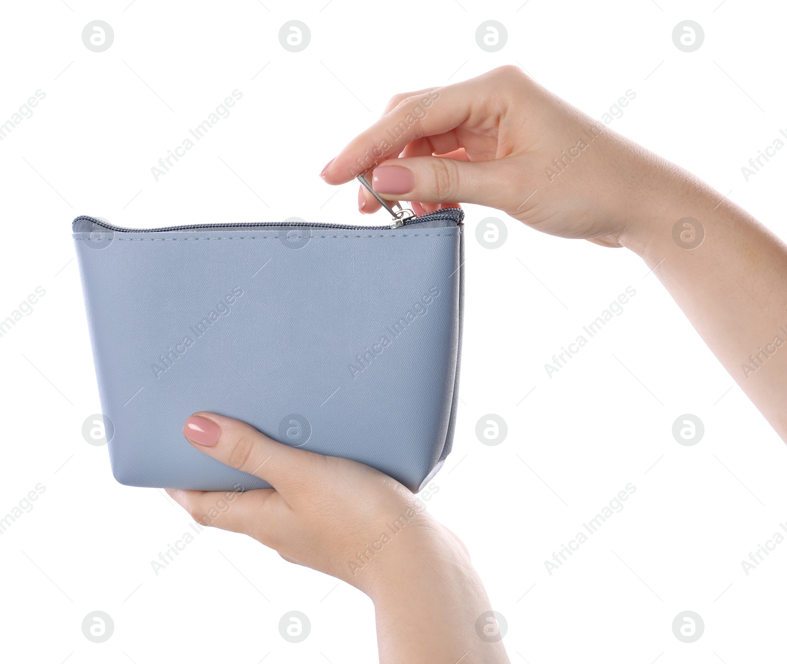 Photo of Woman with cosmetic bag isolated on white, closeup