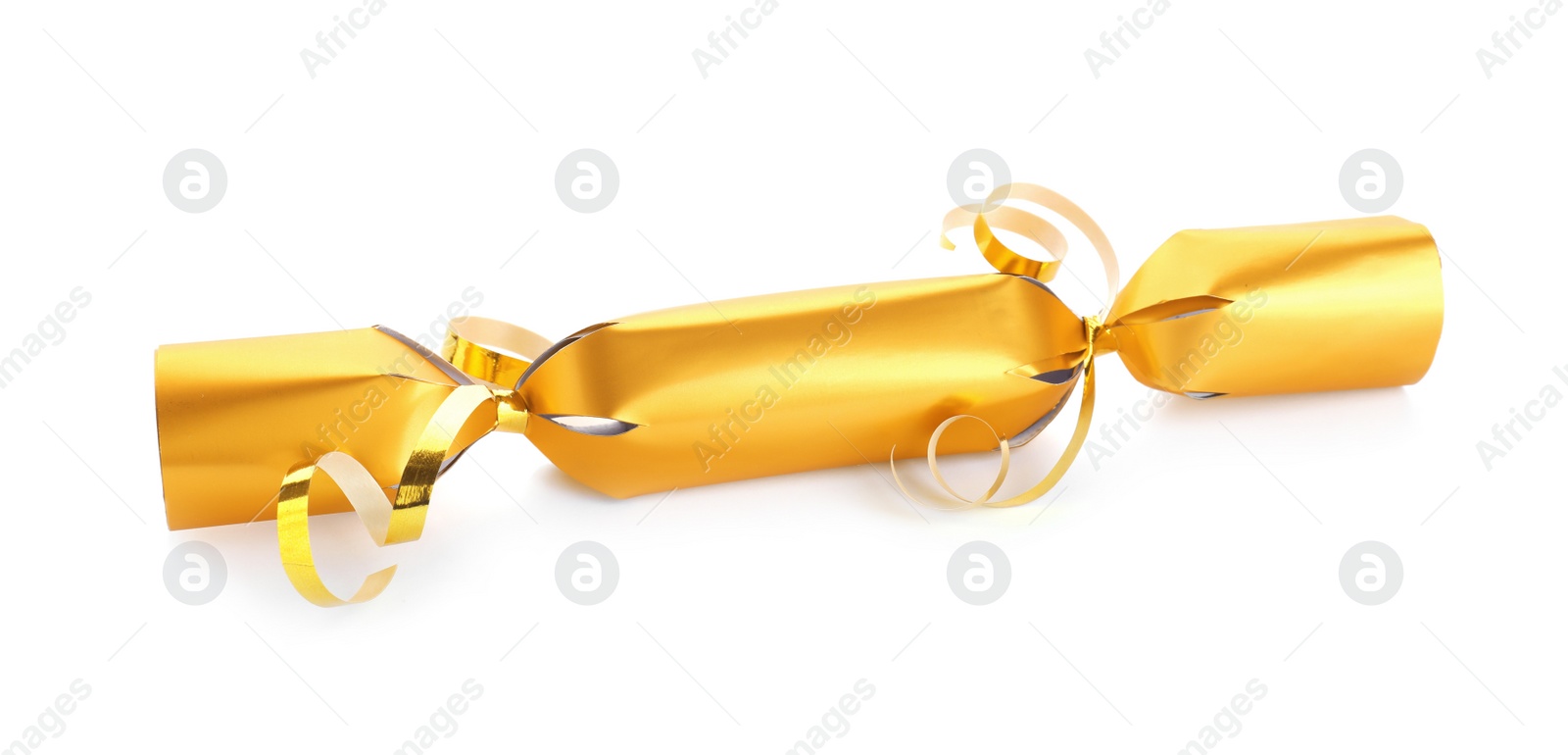 Photo of Bright golden Christmas cracker isolated on white