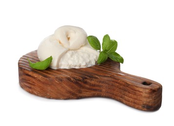 Delicious burrata cheese with basil on white background