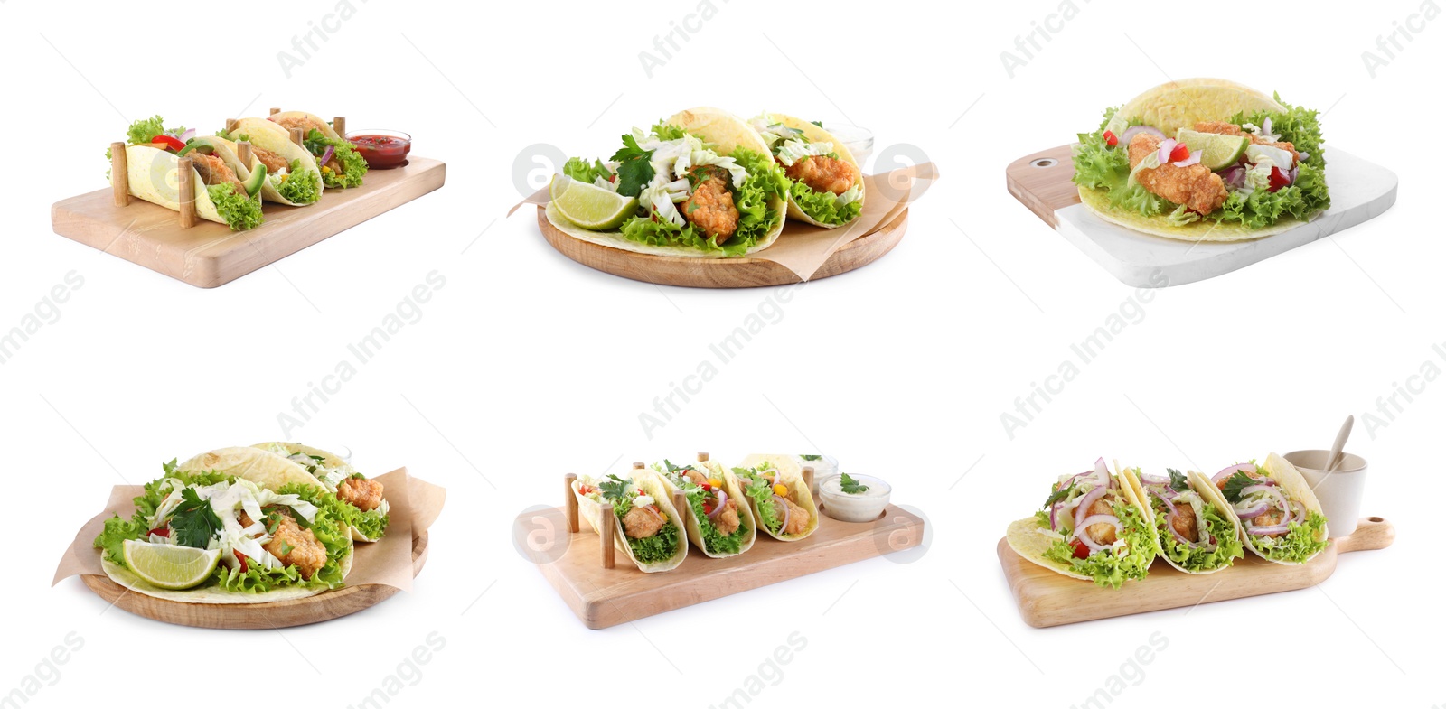 Image of Set of delicious fresh fish tacos on white background