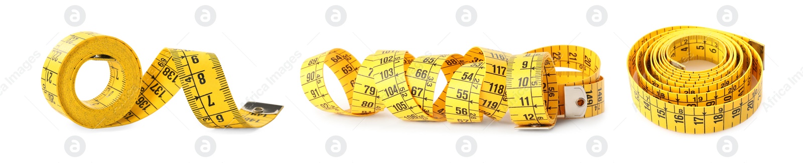 Image of Set of yellow measuring tapes on white background. Banner design