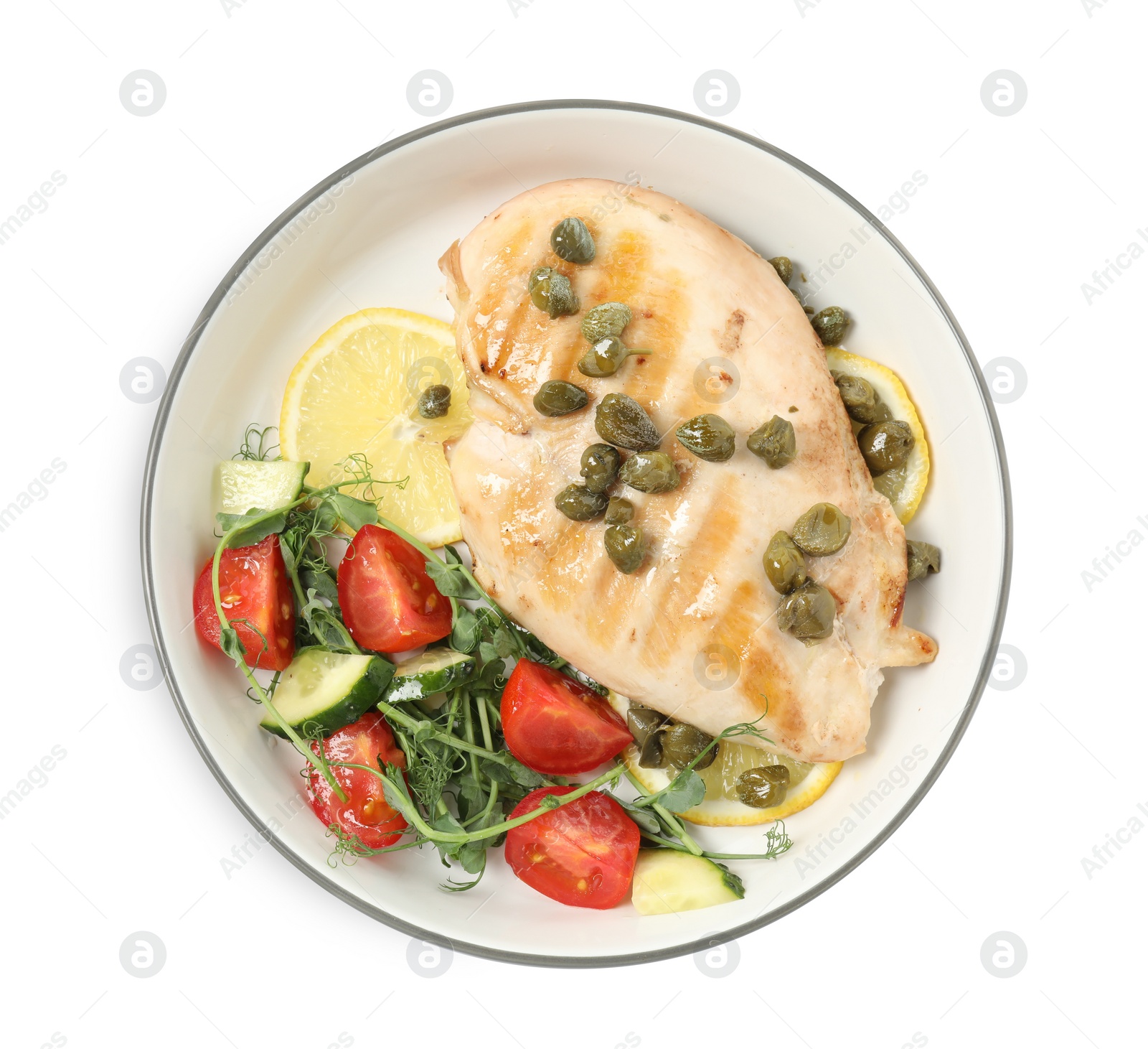 Photo of Delicious cooked chicken fillet with capers and salad on white background, top view
