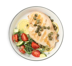 Photo of Delicious cooked chicken fillet with capers and salad on white background, top view