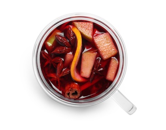 Cup with red mulled wine on white background, top view