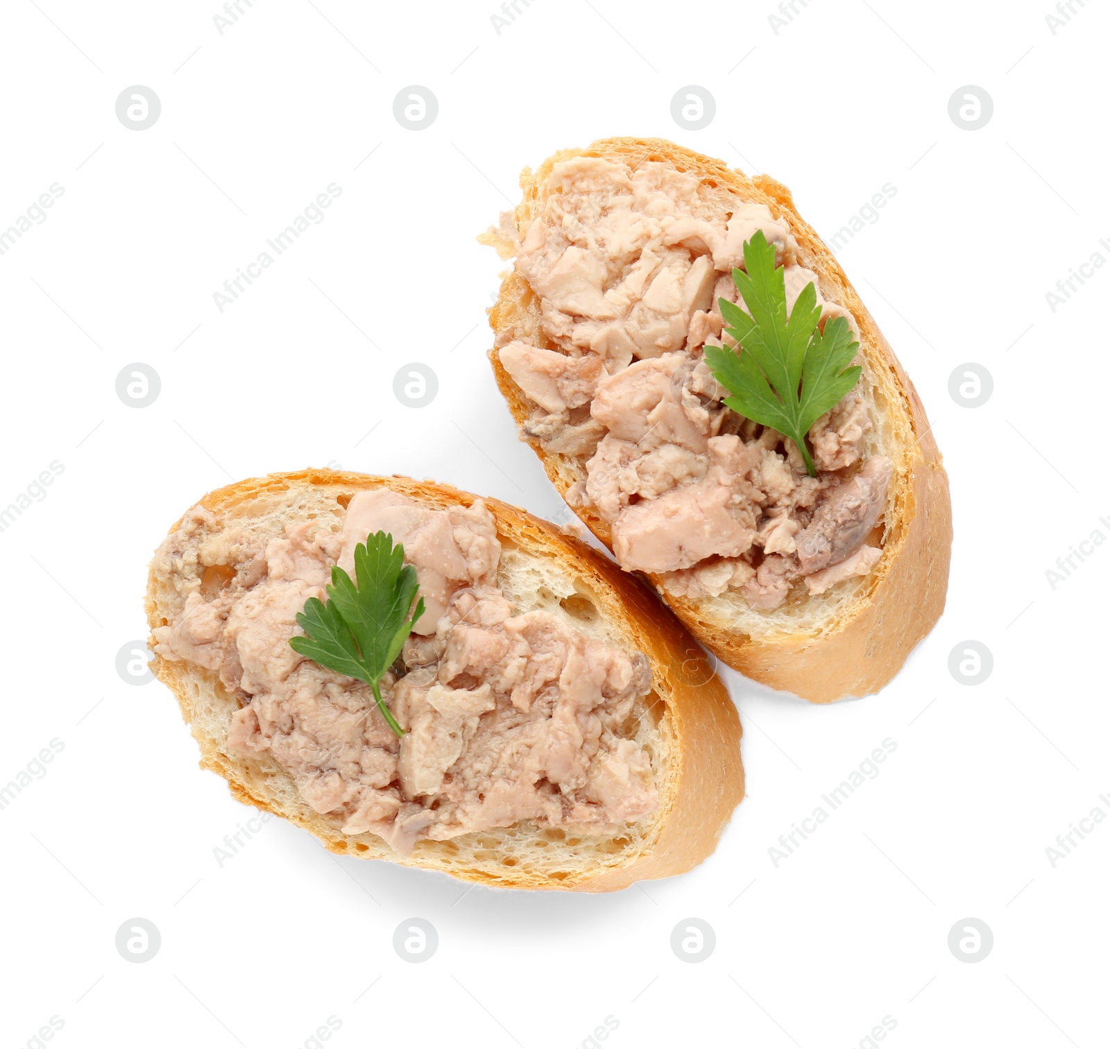 Photo of Tasty sandwiches with cod liver and fresh parsley isolated on white, top view