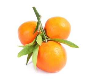 Photo of Tasty ripe tangerines with leaves on white background